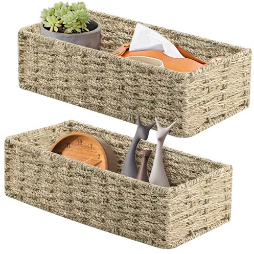 YheenLf Cesto de Almacenaje, Cajas de Almacenamiento para Organización, Cestas Baño Para Dormitorio, Cocina, Cuerda de Papel,Dos Juegos (Grande 37×16.5×11, Pequeño 33×12.5×10), Madera