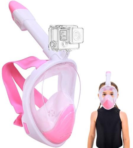 Wsobue Tauchmaske für Kinder,Vollmaske Schnorchelmaske 180° Sichtfeld mit Sportkameras Kompatible, Leichtes Atmen Trocken Schnorchelset für Kinder im Alter 5-14 (Rosa XS für Kinder)