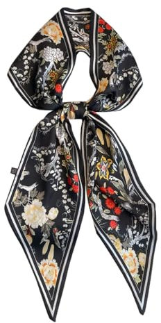 JERLA Kopftuch mit Maulbeerseide, modisches Haarband für Damen, Satin, Schals für Taschen, Haare, Handtasche, Schals, 1 x schwarze Blume, 57X5.5
