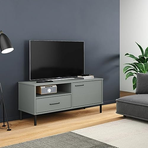 Rantry Oslo Meuble TV avec pieds en métal en bois massif pin gris, meuble pour TV, salon, salle à manger, table basse, télévision, équipement de musique, meuble bas de rangement, support type 3