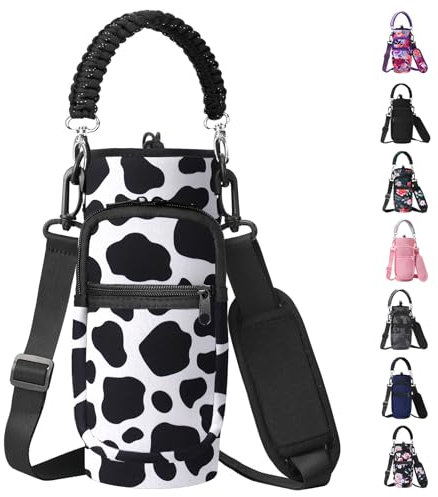 AceTreker 32/40/64/128 oz Water Bottle Sleeve Bag, Neoprene Bottle Carrier Holder with Strap & Paracord Handle for Walking, Hiking, Camping-Cow