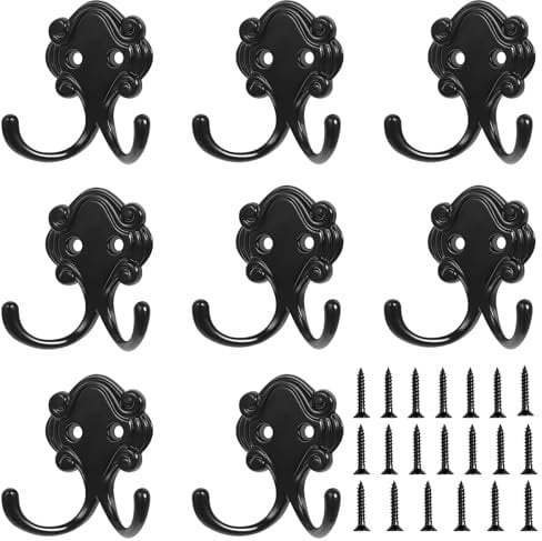 8Pcs Heavy Duty Coat Hooks: Black Metal Wall Mounted Hooks for Kitchen, Wardrobe, Bathroom, Bedroom - Includes 20 Screws
