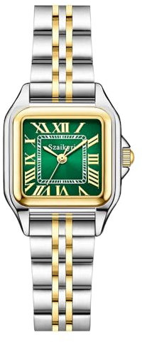 Szaikyri Klassisches Quadrat Damenuhr mit römischen Ziffern Damenkleiduhren Armbanduhr Damen (Silver&Gold-Green)
