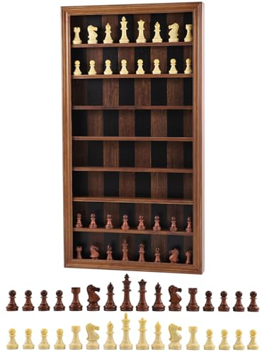 Wahartoly Giant Wall Mounted Chess Board Set, Wooden Wall Chess Board with 32 Carved Chess Pieces, Chess Wall Art Vertical Display Cabinet for Home Game Room Decor, Hanging Board Game Gift
