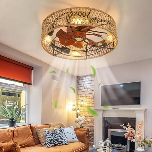Vintage Ceiling Fans with Lamps and Remote Control Twine Woven Ceiling Fan Lights with Timing 6 Speed Reversible Motor Quiet Fan Ceiling Lights for Living Room Dining Room Flush Mount Fan Light