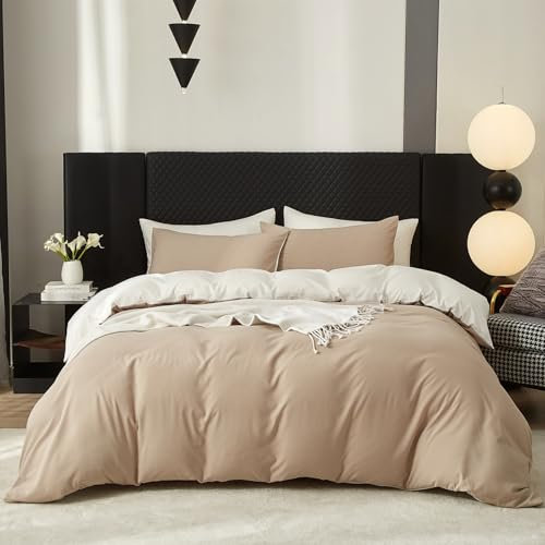 Gezu Bettwäsche 135x200cm Baumwolle Beige Creme weiß 2 Teilig Leinenfarbe Einzelbett Bettwäsche Set Weiche Baumwollgefühl Wende Bettwäsche Bettbezug 135x200 und Kissenbezüge 80x80 mit Reissverschluss