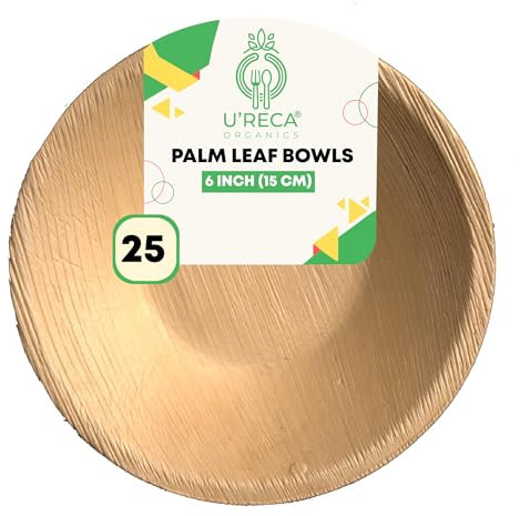 U'reca Organics Eco-Friendly Areca Palm Leaf Round Bowls | 6 - Pack of 25 | Ideal for Soups, Salads & Desserts | Leakproof, Sturdy, Compostable