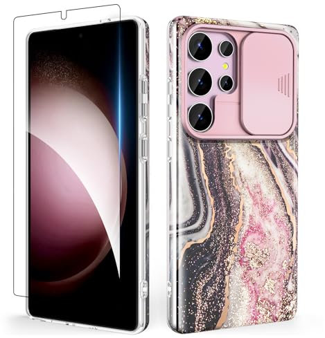 SHEDEER für Samsung S25 Ultra Hülle mit Schieberegler Kameraabdeckung + Displayschutz, Galaxy S25 Ultra Hülle Ultradünn Leicht, Glänzend Fade-Resistant Muster Handyhülle S25 Ultra, Schwarz