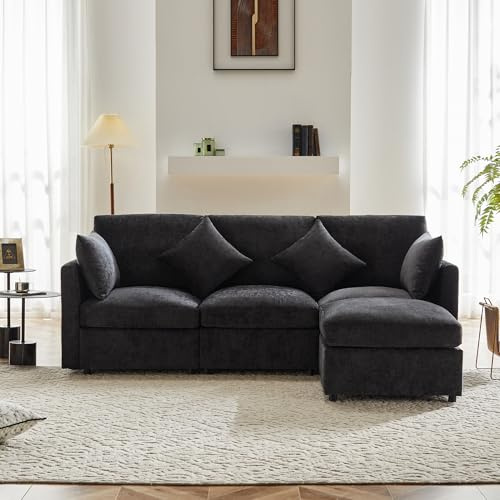 Zepneiy Ecksofa in L-Form, Chenille, 3/4-Sitzer-Sofa im modernen Design mit Fußstütze, Grau