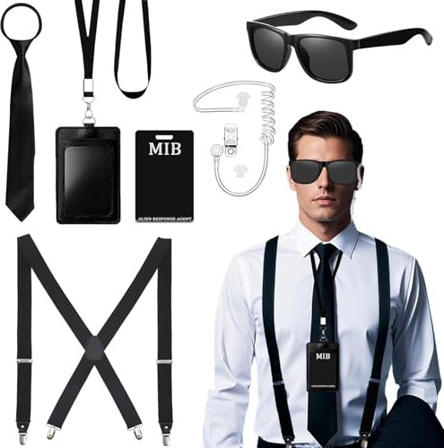 7-teiliges Agenten-Kostüm-Zubehör-Set, Geheimdienst, Spionage-Outfit mit Hosenträgern, schwarze Sonnenbrille, Krawatte, Ohrstück, Reißverschluss, Ausweishalter für Männer, Teenager, Cosplay,