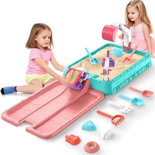 Handwell Construction Sandbox Toys Kids Dirt Digger Excavator Sand Box with Lid Outdoor Activity Sensory Playset 8PCS Beach Accessories,Dump Truck,Excavator,Crane Sand Pit Toy Summer Gifts Boy Girls
