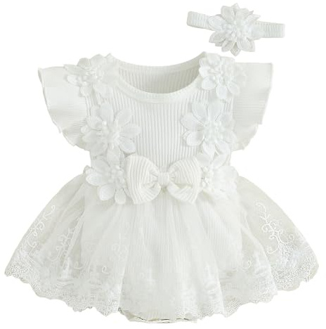 AIEOE Baby Mädchen Spitzenkleid Strampler Ärmellos Baby Taufkleider Mädchen Baby mit Tiara Weiß 0-3 Monate