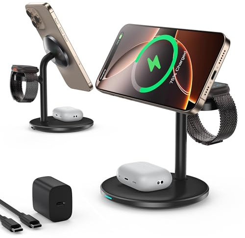 Stazione di ricarica 3 in 1 senza fili, stazione di ricarica induttiva, 15 W, compatibile con iPhone 16, 15, 14, 13, 12 Pro Max/Plus, iWatch Ultra 10/9/8/7/SE/6/5/4, AirPods nero