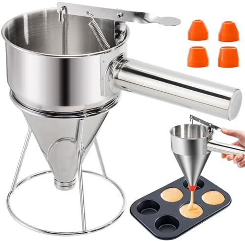 WRINGKIT Stainless Steel Pancake Batter Dispenser, 20 Oz | Funnel Cake Dispenser Maker with Stand Squeeze Handle, Multi-Caliber Panckae Pourer for Cupcakes, Donut, Waffle, Muffins