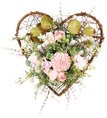 Heart Shaped Rattan Wreath - Artificial Spring Chrysanthemum Eucalyptus and Silk Floral Wall and Front Door Hanging Decorations