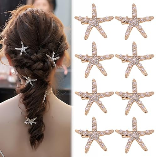 8 Stück Seestern Haarspangen, Meerjungfrauen Haarspangen mit Perlen Diamant, Gold Haar Accessoires Mädchen, Blumenmädchen-Zubehör für Hochzeit, Elegant Haarspange, Rutschfest Haarnadel Dick/Dünn Haar