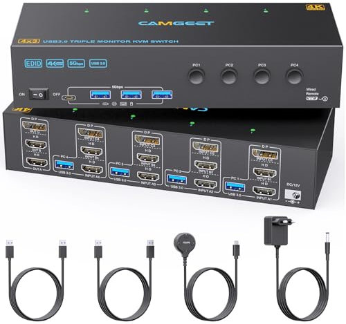 KVM Switch 3 Monitors 4 Computers 4K@60Hz, Camgeet 2 HDMI+Displayport KVM Switch Triple Monitor for 4 Computer Share 3 Monitor and 4 USB3.0 Hub, USB 3.0 KVM Umschalter mit Wired Remote USB Cable