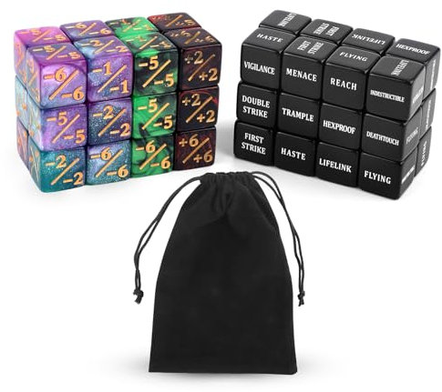 BOXOB 48stk Fähigkeiten-Schlüsselwörter-Zählwürfel, Kreaturenstatistik-Buff Loyalitätswürfel-Token Magic Life-Zähler für MTG TCG Kartenspielzubehör mit Samtbeutel (4 Farben)