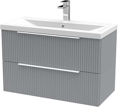 Balterley Vanity Unit with Basin Wall Hung, 2 Drawer Soft Close with Mid Edge Sink and Handles, Bathroom Vanity Units with Basin, Fluted Front Sink Cabinet - 810 x 390 x 540mm (Grey)