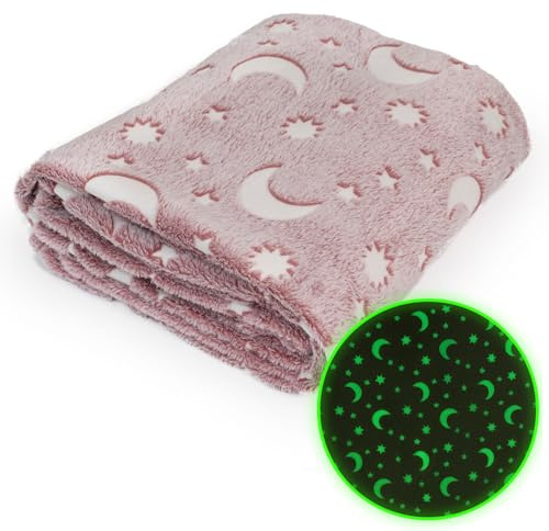 Wanapix | Manta Luminosa | Brilla en la Oscuridad | Suave y Acogedora para Niños y Niñas | Manta Rosa de Lunas | Apta Lavadora | 150x125 cm