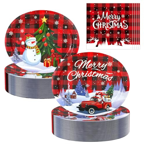 UODBUYO 100Pcs Christmas Oval Paper Plates and Napkins Set,10 x 12 Large Disposable Plates for Christmas Party