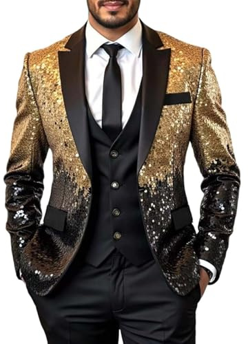 Generisch Glitzer Jacke Herren Glänzend Metallic Paillettenanzug Silvester Outfit Karneval Kostüm Slim Fit Glitzer Outfit Party Pailletten Jacke Pailletten Anzug Sakko Anzugjacke Festlich Blazer