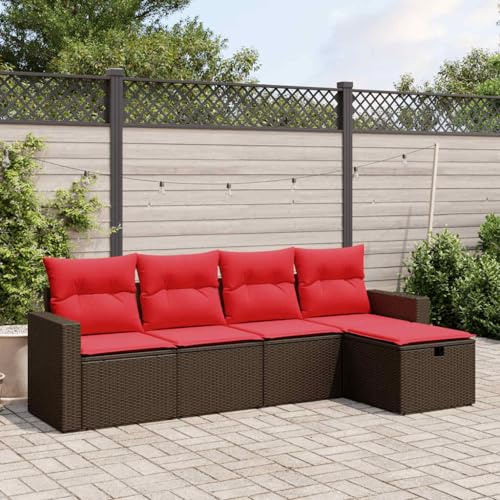 Hoopleep 5-teiliges Gartensofa-Set aus braunem Polyrattan mit roten Kissen, modular, für Outdoor Terrasse und Garten Möbel