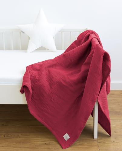 LOOLAY Musselin Decke 120x120cm – 100% Europäische Baumwolle – Leicht Atmungsaktiv – musselindecke Sommer für Kinder – Wickeldecke, Reisedecke und Strandtuch (Himbeerrot)