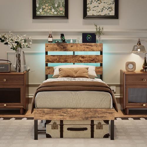 Bonnlo Bettrahmen Holz Metallbett 90x200cm mit Beleuchtung, Bett mit Steckdose, Kinderbett, Jugendbett und Gästebett, Bettgestell aus Metall mit Lattenrost, Metall Bed, Braun