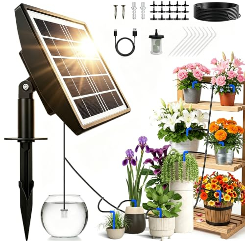 7JI Kit Di Irrigazione Automatica Solare, Sistema Automatico Di Irrigazione Da Giardino Con Tubo Da 15 M, Per 15 Vasi, Allarme Automatico, Ideale per Innaffiare Le Piante, Giardino, Balcone e Piante