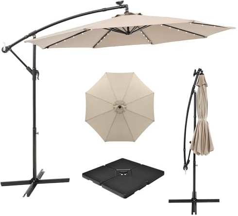 COSTWAY Parasol Déporté 3x3M avec 40 LED Solaire, Parasol de Jardin Extérieur avec Pied, Base 4 Plaques, Inclinable, 8 Baleines, Manivelle, Protection UV, pour Terrasse, Patio, Balcon (Beige)