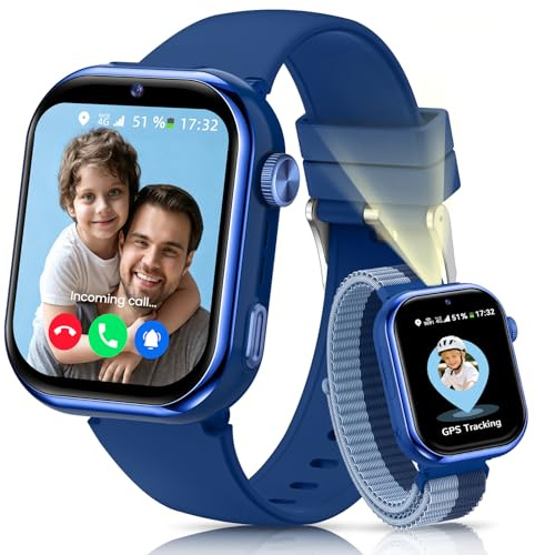 AIMIUVEI Smartwatch Kinder mit GPS und Telefon, SIM, Videoanrufe, SOS, Blau | Telefonanruf, Taschenlampe, Sprachchat, Schulmodu, Schlafmonitor, SMS, IP68, Wecker, Schrittzähler, Kinderuhr, Mädchen Jungen
