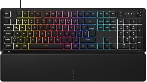 Corsair Skiff 100 Leise RGB Kabelgebundene Gaming-Tastatur – Schwarz | DE QWERTZ, Schutzklasse IP53 (Spritzwasser-und Staubgeschützt), Media-Drehregler, Reaktionsschnelle Tasten, Handballenauflage