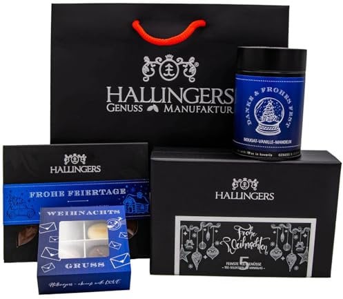 Hallingers Frohe Weihnachten - Groß No. 01 - Weihnachtliches Geschenk-Set mit Tafel Schokolade, Pralinen, Nougat-Mandeln und Tee (Set) - Geschenkideen Weihnachten & Geschenke Adventskalender | Glückwu