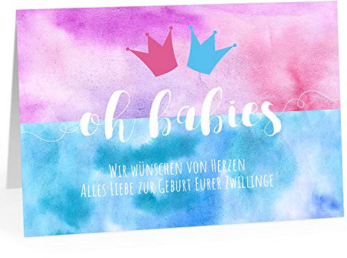 Große XXL Design Geburtskarte zur Geburt/Zwillinge/Klappkarte/mit Umschlag / A4 / Moderner Aquarell Look Rosa Blau/Baby geboren/Grußkarte zur Gratulation Eltern