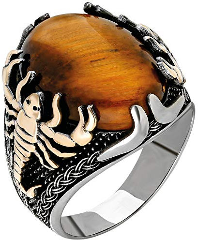 mysilverworld Herrenring aus massivem 925er-Sterlingsilber, Tigerauge, Skorpion-Figur, Tigerauge