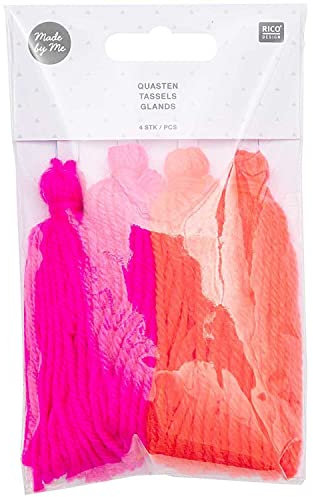 Rico Design Neon Rosa Bohème Tasseln - 4 Stück, Polyester, Neon Effekt, Trendiges Design, Erwachsene, 19 Gramm, 16 x 7E+1 x 98 mm, Nicht Faltbar