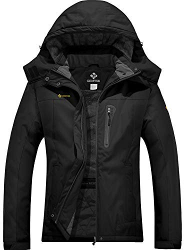 GEMYSE Damen Wasserdichte Berg-Skijacke Winddichte Fleece Winterjacke mit Kapuze (Schwarz,M)