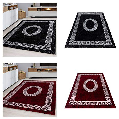 Stilvoller Moderner Designer Kurzflor Teppich in eleganter Marmoroptik mit Mäander-Bordüre-Muster. Rechteckig, meliert und pflegeleicht - ein idealer Wohnzimmerteppich , Größe:80 x 300 cm, Farbe:Rot
