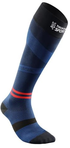 Thuasne - Chaussettes Hautes de Compression Running Sport UP ACTIV - Compression Dégressive de la Cheville vers le Mollet - Fabriquées en France - Noir/Bleu foncé/Rouge, 39-42, S, Long (>44cm)