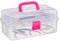 Relaxdays 1 x Transparente Plastikbox, 9 Fächer, Werkzeugbox, Nähkästchen, Werkzeugkoffer, Werkzeug, HBT 14x33x19 cm, pink