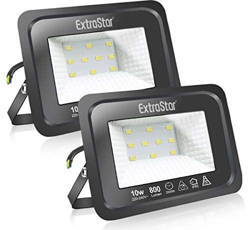 EXTRASTAR Spots LED d'extérieur Puissants Projecteur LED d'extérieur IP65, Jardin, Patio, Parc, Garage, 2 Pièces (6500K, 10W)