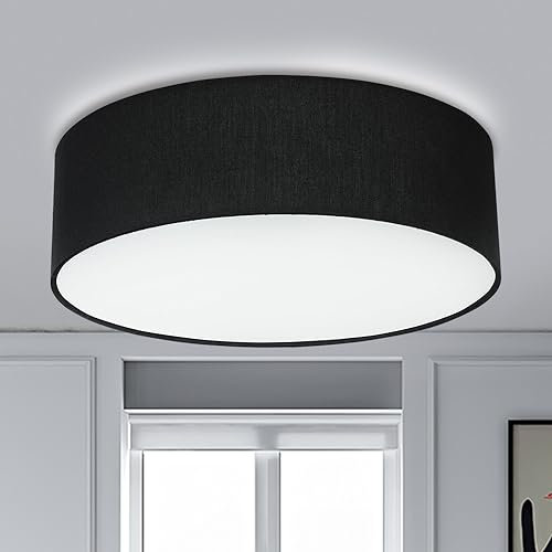 Depuley LED Deckenleuchte Rund, E27 Deckenlampe mit 2 Flammig, Moderne Stoffdeckenleuchte Schwarz, Textilschirm Bürodeckenleuchte für Schlafzimmer Wohnzimmer, Flur, Esszimmer, Küche (Ohne Glühbirne)