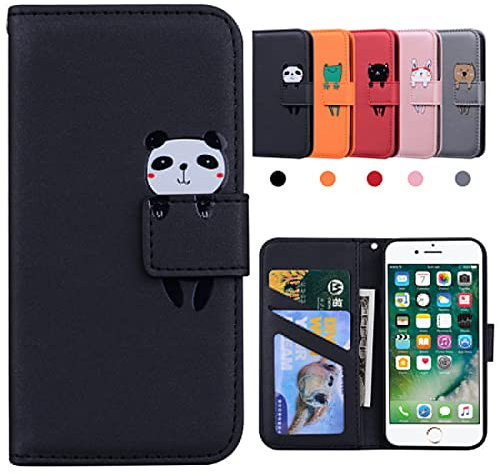 Hülle iPhone SE 2020, iPhone 8 Hülle, Hülle iPhone 7, [Kartenfächer] [Stand], iphone se 2020 hülle,Stoßfeste Schutzhülle, Karikatur Flip Wallet Handyhülle für iPhone SE2/8/7 (4,7 Zoll), Panda, Schwarz