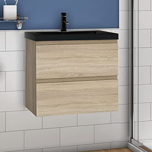 Aica Sanitär Waschtisch mit Unterschrank 60 cm Badmöbel Set mit Waschbecken Schwarz Gäste WC Eiche Matt