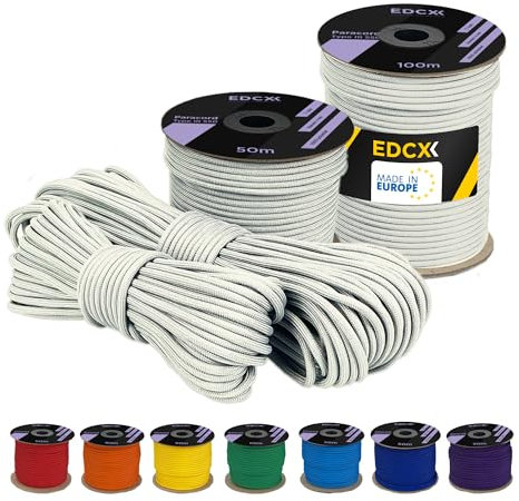 EDCX 4 mm Polyester Paracord 550 25+ Farben (15, 30 und 50 m) – Typ III, 100% Nylonseil, 7 Litzen Seil, 4mm Nylonseil in vielen Farben | Solid Colors (White, 50 m)
