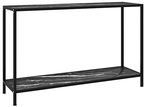 homiuse 120x35x75cm Konsolentisch Schwarz Hartglas Beistelltisch Bartisch Sideboard Wohnzimmer Regal Schwarz Beistelltisch Schwarz Metallregal Schwarz Konsolentisch Schwarz Marmor-Optik 2 Regal