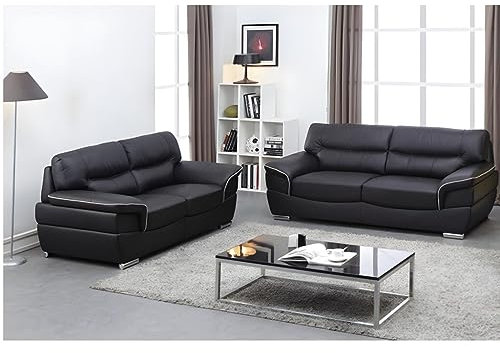 Vente-unique-Couchgarnitur Leder 3+2 - Schwarz - Thibault