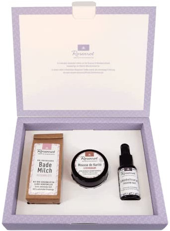 Geschenkset Körperpflege relaxing home spa: Schönheitsserum trockene Haut 30ml, Mousse de Karité Lebensbaum 50ml , Bademilch Rosenblüte 90g