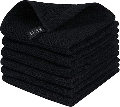 Moosfor 100% Cotton Kitchen Cleaning Cloths, Highly Absorbent Soft Dish Cloths, Quick Drying Kitchen Accessories for Washing Up, Pack of 6, 30 x 30 cm, Black